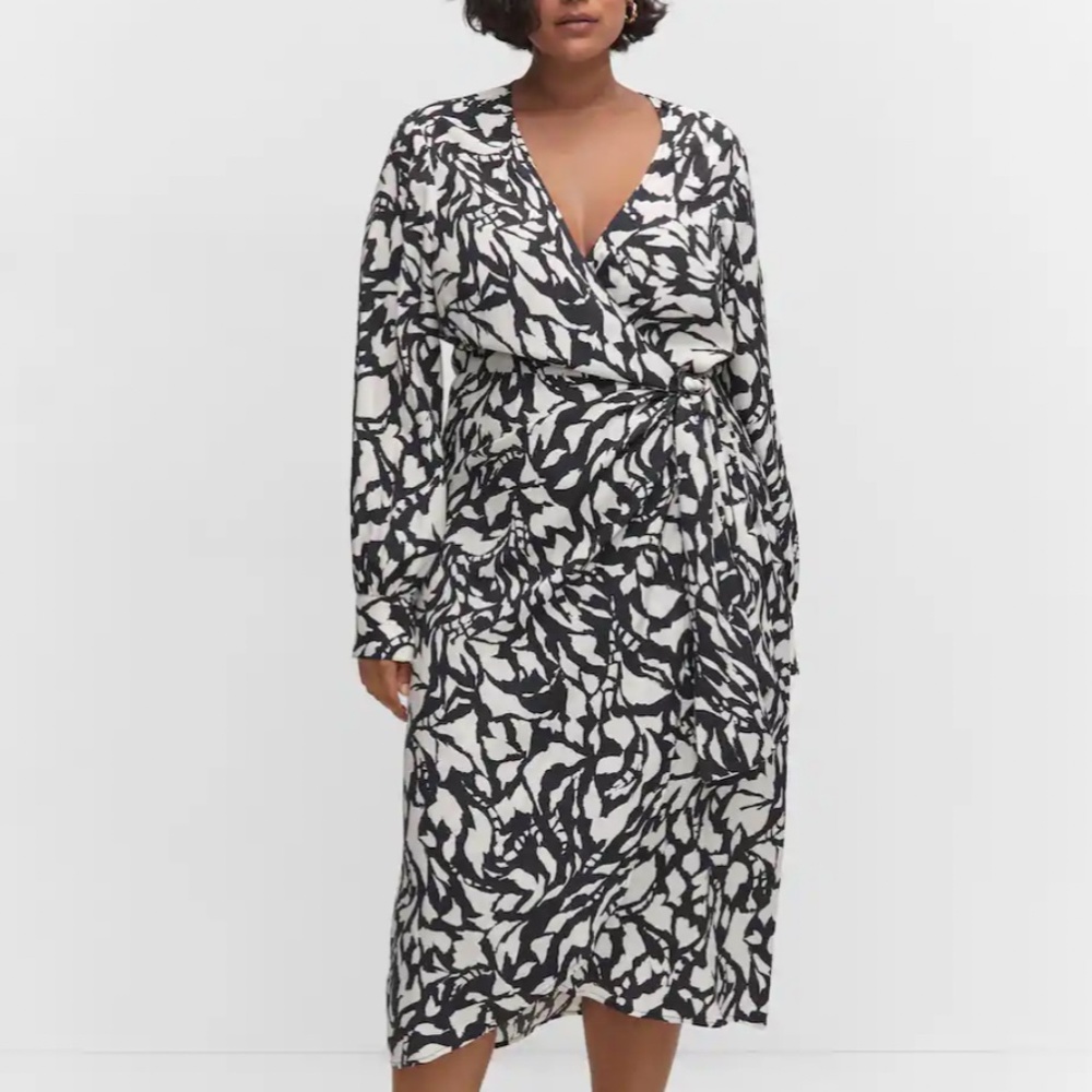 MANGO Print Wrap Dress Women Size 18 Black And White Midi Long Sleeve Dress